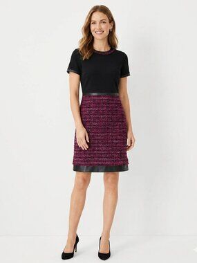 KARL LAGERFELD BLACK BURGUNDY TWEED WOOL BLEND FAUX LEATHER COMBO DRESS - 2